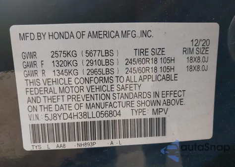 2020 Acura Mdx Standard z USA, uszkodzony, nr VIN 5J8YD4H38LL056804